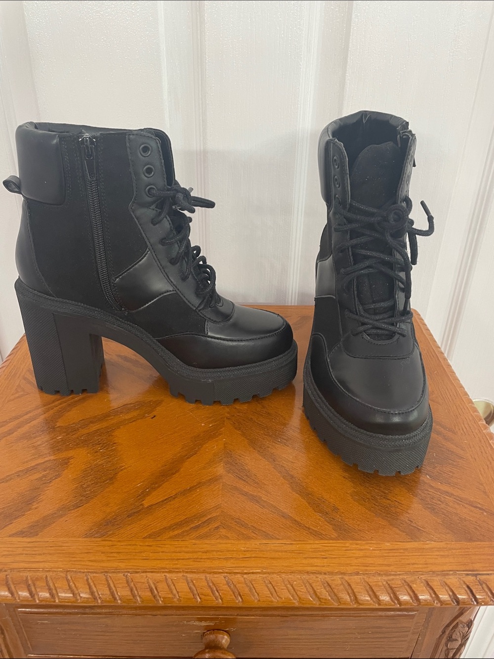 Madden Girl Black Lace-Up Platform Block Heel Ankle Boots